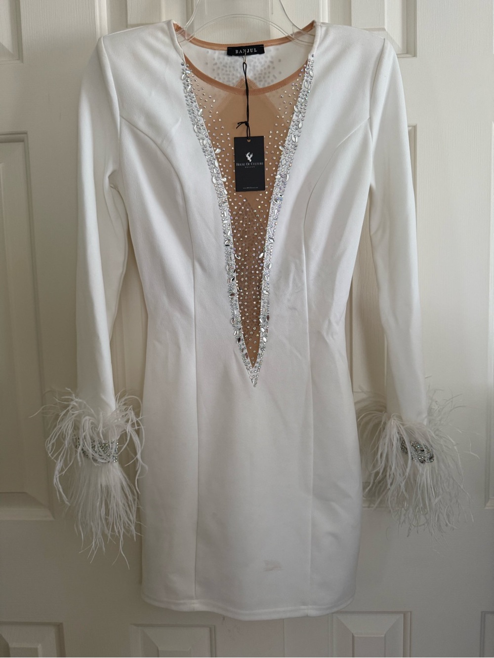 White Feather-Cuff Dress with Embellished Plunge